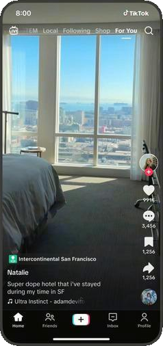 A TikTok video showing a hotel room, with the venue location tagged