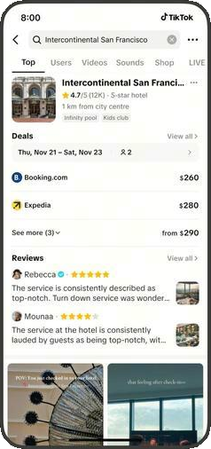 TikTok search results showing the hotel with deals and reviews