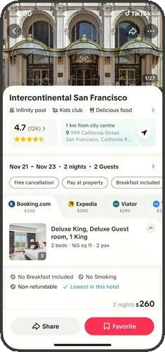 Hotel detail page inside TikTok with photos, amenities, and pricing